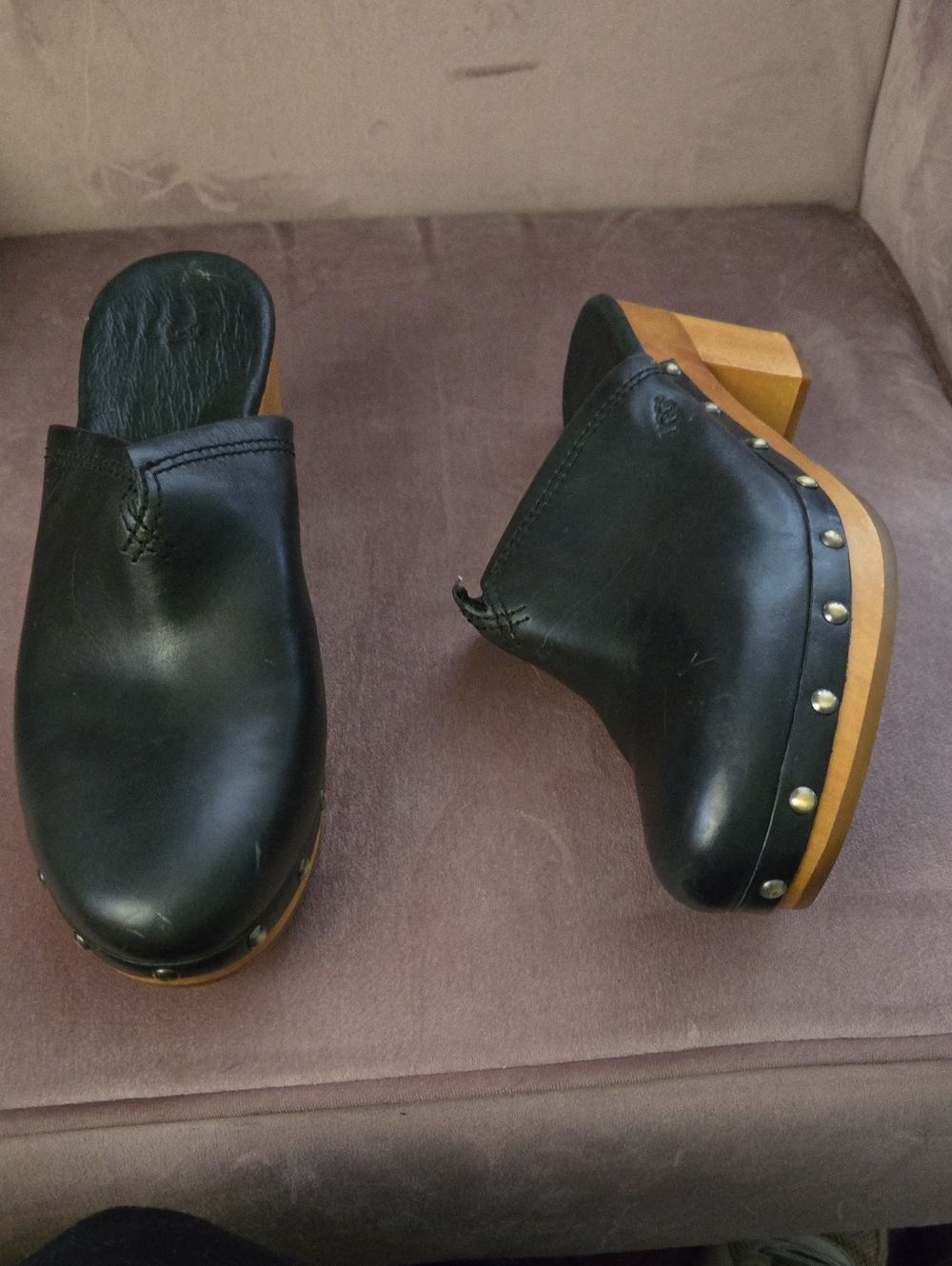 Womens  Black Leather Studded Clog Mules - Slip-On Comfort